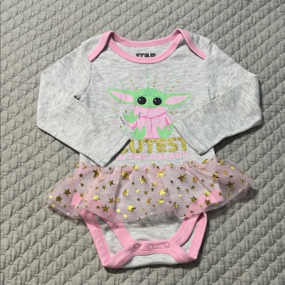 Star Wars Gray and Pink Baby Yoda Onesie with Gold Stars